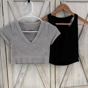 Gray Ribbed V-Neck Crop Top and Black Tank Top